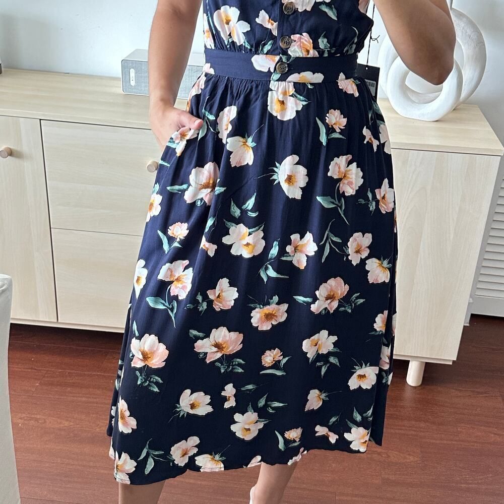 NEW Reformation Dress Floral Lanai Navy Blue Floral Cutout Back Midi Dress XS - Picture 6 of 13